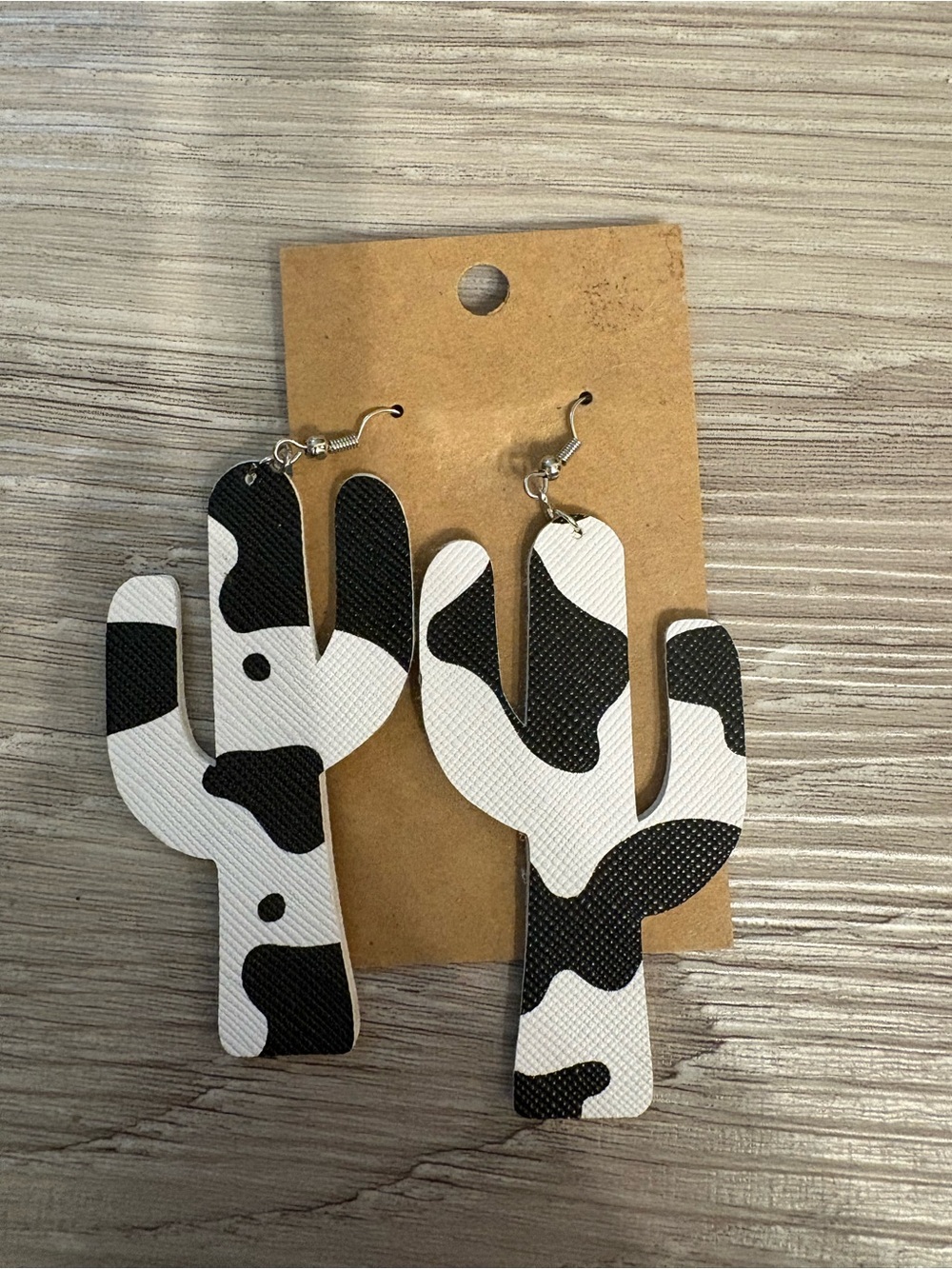 Black & White Cowprint Cactus Dangle Earrings - Unbranded